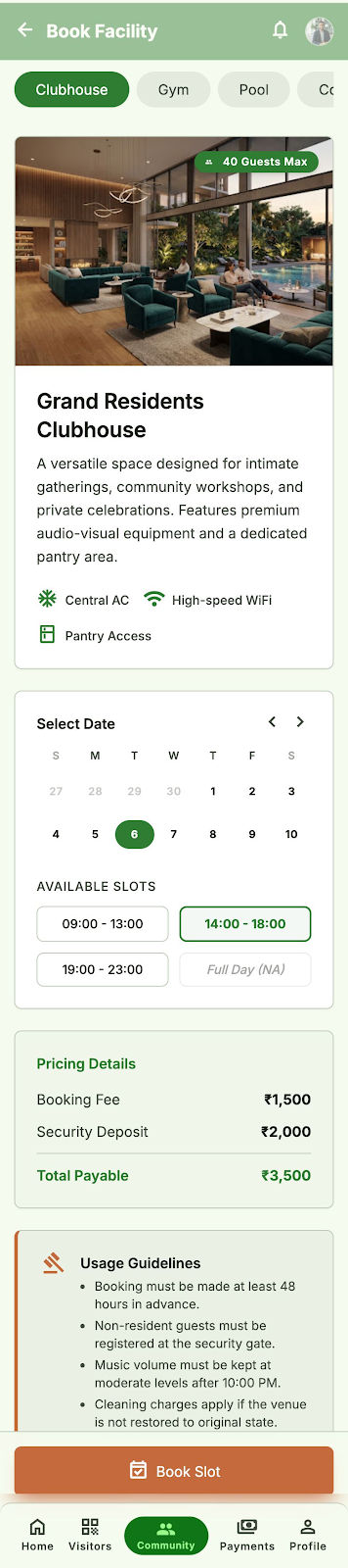 AWASAN Resident App facility booking screen