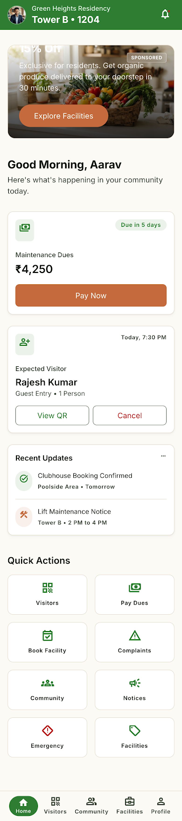 AWASAN Resident App home dashboard
