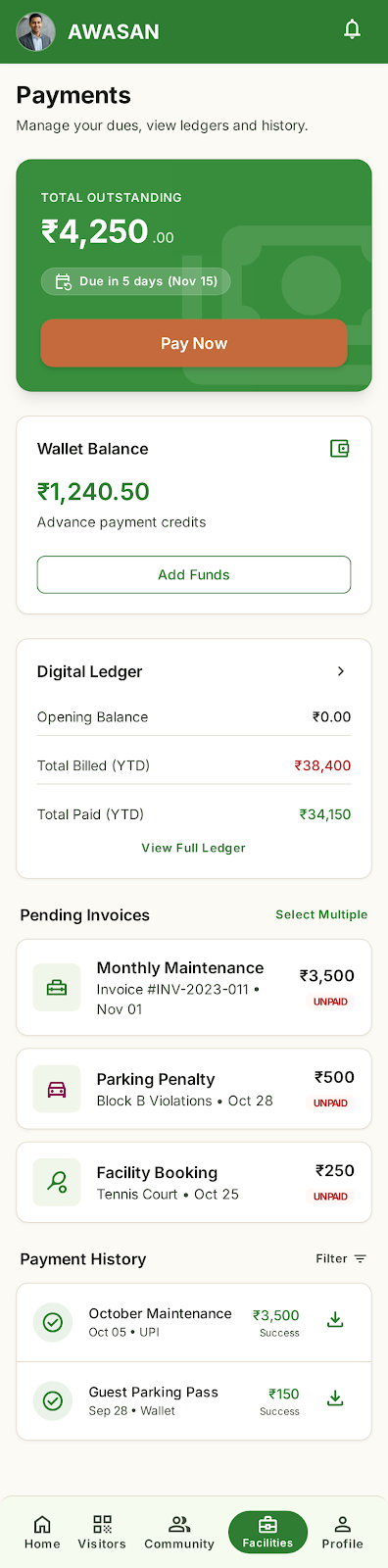 AWASAN Resident App payments screen